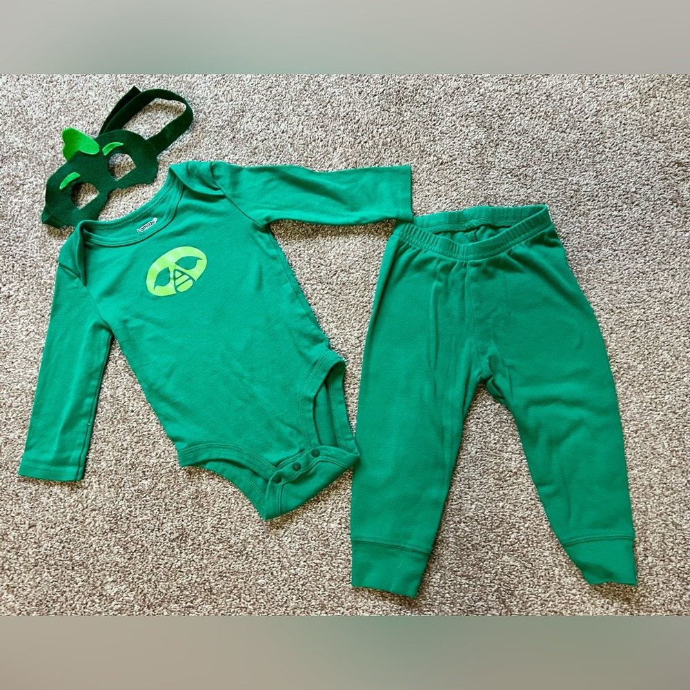 PJ Masks Gekko costume made with Lamaze Organic Cotton outfit. 12mos